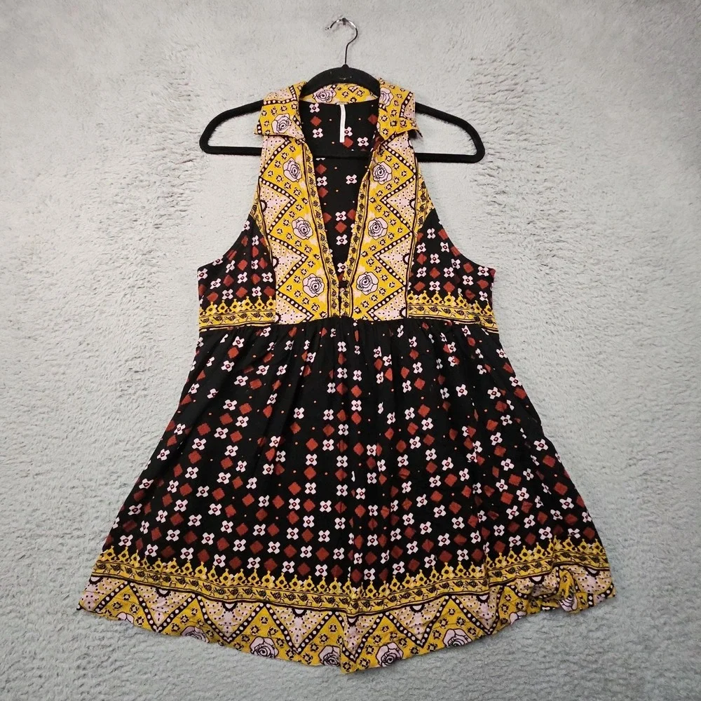 Free People Tunic Top Womens S Black Boho Festival Floral Patchwork Tank Dress